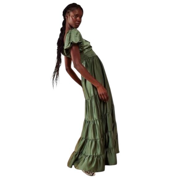 Free People Sundrenched Silky Maxi Dress Tiered Size XL Green Boho Puff Sleeve - Picture 5 of 7